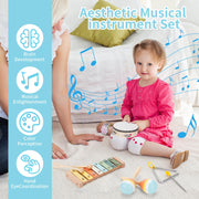 Kids Musical Instruments Set Wooden Montessori Toys for Boys and Girls | musical toy for kids 18 month+, xylophone tambourine set for kids preschool educational, Christmas birthday gift