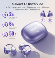 Kinglucky Clip-On Earbuds Gen 3, Open-Ear Wireless Bluetooth 6.0 Headphones with Mic, Secure Fit for Small Ears & Glasses Wearers, 50H Playtime, ENC, IPX5 Waterproof Sport Ear Buds (Purple)