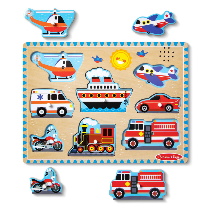 Melissa & Doug Vehicles Wooden Sound Peg Puzzle 8-Piece Set | 9 Pieces, Wooden Board, 8 Vehicle Pegs, Light-Activated Engine Sounds, Sensory Play, Toddler Learning Toys for Kids, Ages 2+