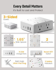 SUPERDANNY Extension Cord,Flat Plug Surge Protector Power Strip,10Ft | 8 AC & 4 USB Ports (2 USB C),Surge Protector with 1050J,Desk Charging Station for Home Office,College Dorm Room Essentials
