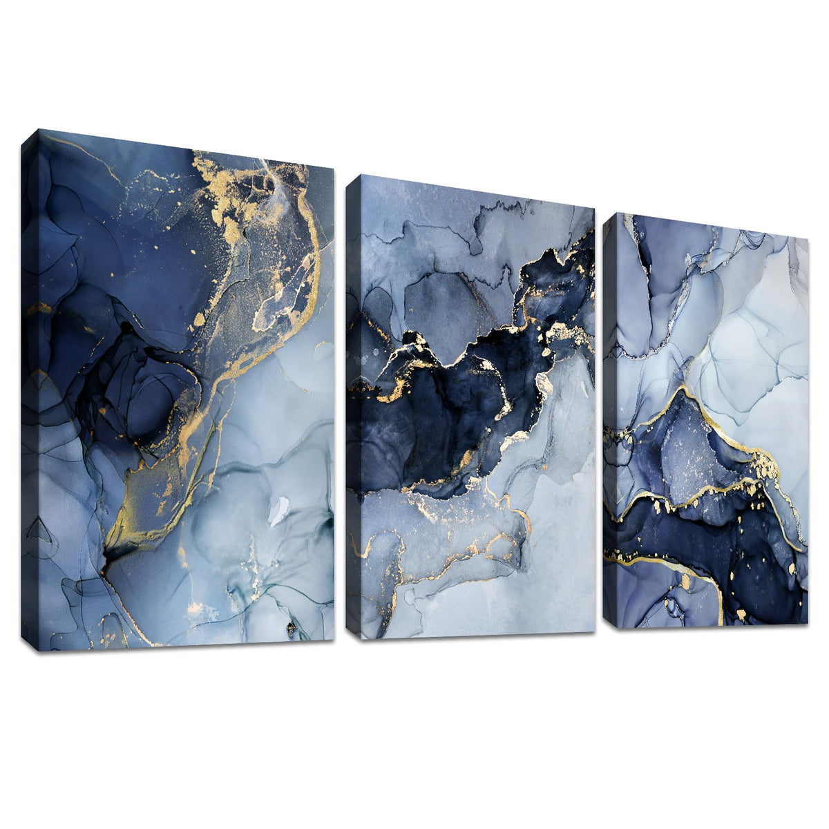 3 Panels Wooden Framed Navy Blue White Gold Marble Canvas Wall Art Painting on Canvas Print Picture for Living Room Hallway Stairs Bedroom Bathroom Wall Decor Ready To Hang 90x40cm(12"x16"x3pcs)