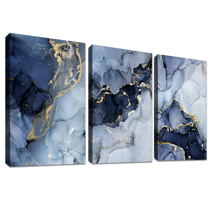 3 Panels Wooden Framed Navy Blue White Gold Marble Canvas Wall Art Painting on Canvas Print Picture for Living Room Hallway Stairs Bedroom Bathroom Wall Decor Ready To Hang 90x40cm(12"x16"x3pcs)