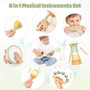 Kids Guitar Set - 8 in 1 Toddler Montessori Musical Instruments | Wooden Baby Ukulele Xylophone Tambourine Maracas Flute, Toy Guitar for Toddler, Mini Guitar Set Toddler Gifts for 2 year