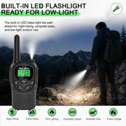 Walkie Talkies Long Range for Adults, Rechargeable FRS Two-Way Radio, 2Pack | NOAA weather alert. 1200mAh Li‑ion battery supports USB‑C charging. LED flashlight and VOX hands‑free function for Outdoors.