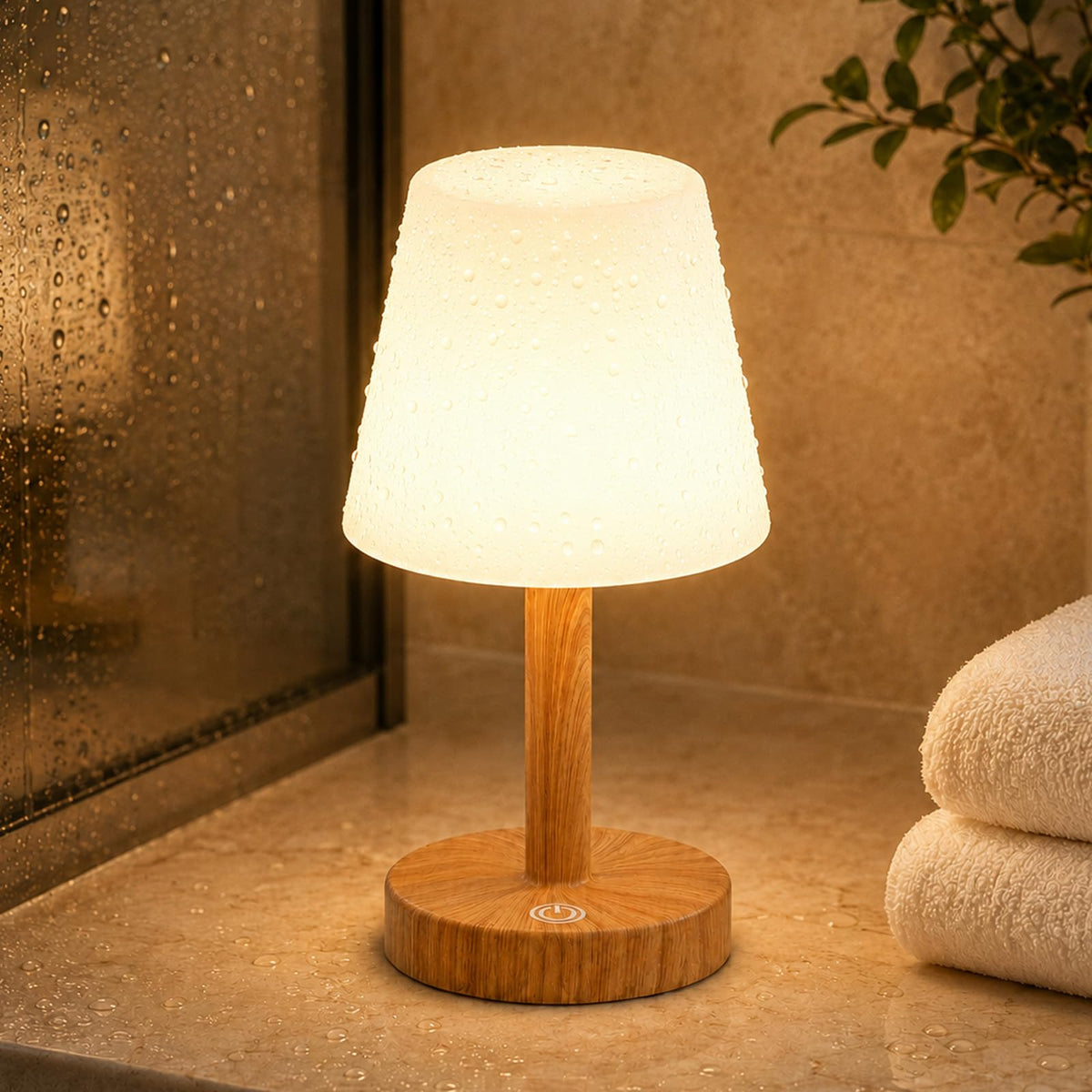Rechargeable Table Lamp, Mini Cordless Shower Lamp, IP54, Warm Oak | 2000mAh battery, 3 colour temperatures, touch dimming and soft glow for shower shelves, vanities and bedside tables.
