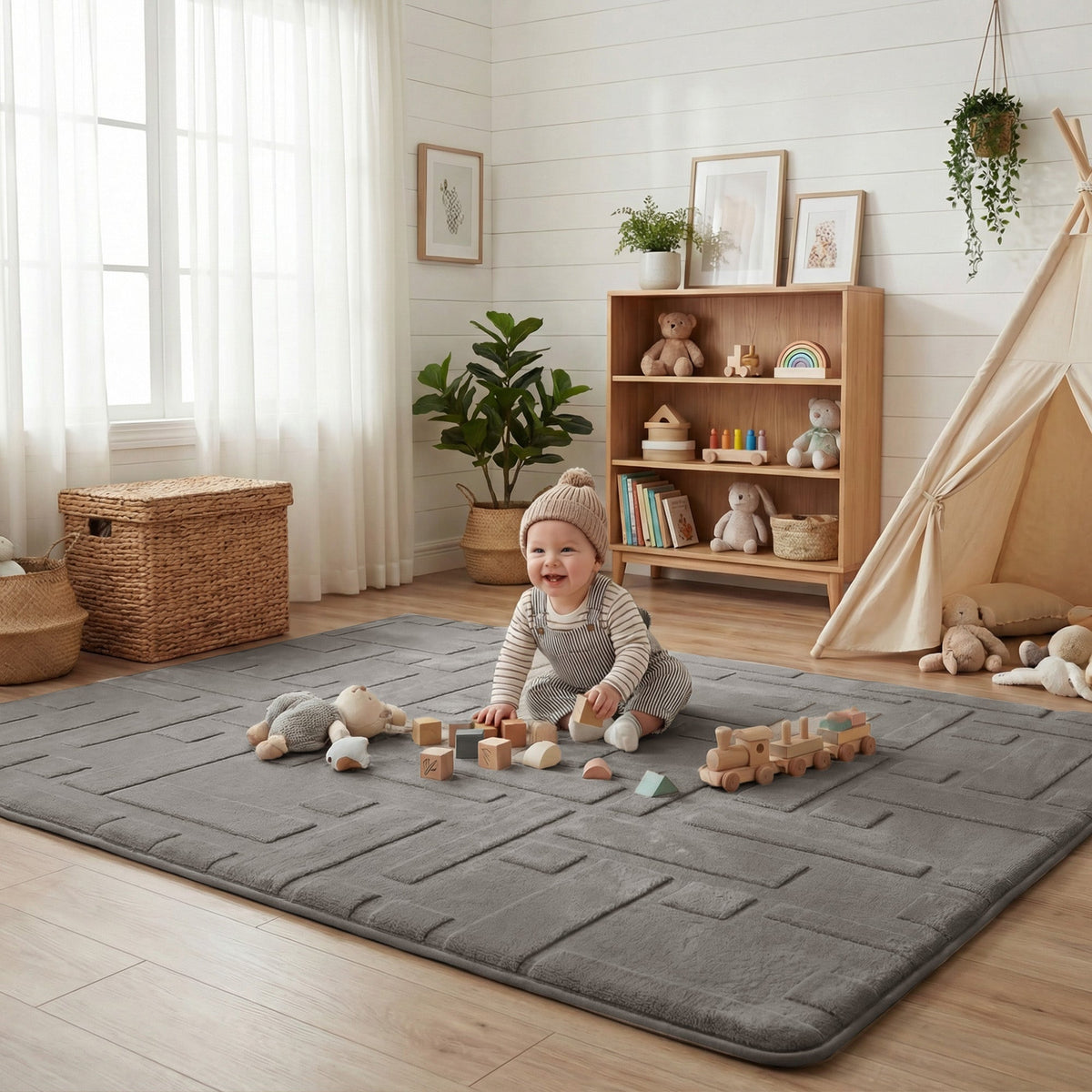 Classic Grid Faux Fur Jacquard Plush Play Mat