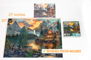 Prime Time Puzzles Adult Jigsaw Puzzle 1000 Piece Mountain Cabin | Features a serene lake cabin scene, finishing at 20x27 inches. Great for game nights on a table, puzzleboard, or floor.