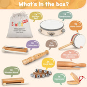 Stoie’s Wooden Musical Instruments for Kids Ages 3+, Montessori Music Toy Set for Kids with Drum, Tambourine, Maracas, Bells & Flute, Educational Preschool Toys for Boys & Girls