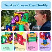 PicassoTiles 100 Piece Marble Run Magnetic Tiles Race Track STEM Ages 3+ | BPA-free ABS plastic, reinforced edges, curved slopes and U-turns, steel balls included, open-ended maze layouts, shared play