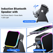 Induction Speaker with Phone Stand 5 in 1 Wireless Bluetooth Audio Black | Phone Speaker Amplifier for iPhone & Android with RGB Light and USB Wired Charging, Birthday Gift for Men Women Teens