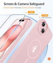 FNTCASE for iPhone 15/14/13 Case, Fit for Magsafe, Glass Screen Protector | Translucent Matte, Magnetic Phone Cases, 14FT Military Grade Drop Protection, Slim Shockproof Protective Cover, Light Pink