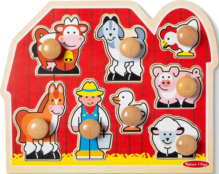 Melissa & Doug Farm Animals Jumbo Knob Wooden Peg Puzzle | 8 Jumbo Peg Pieces, Wooden Board, Farm Animal Matching, Shape Recognition, Montessori Inspired Toddler Toys for Kids, Ages 1+