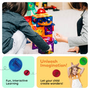 PicassoTiles 100 Piece Marble Run Magnetic Tiles Race Track STEM Ages 3+ | BPA-free ABS plastic, reinforced edges, curved slopes and U-turns, steel balls included, open-ended maze layouts, shared play