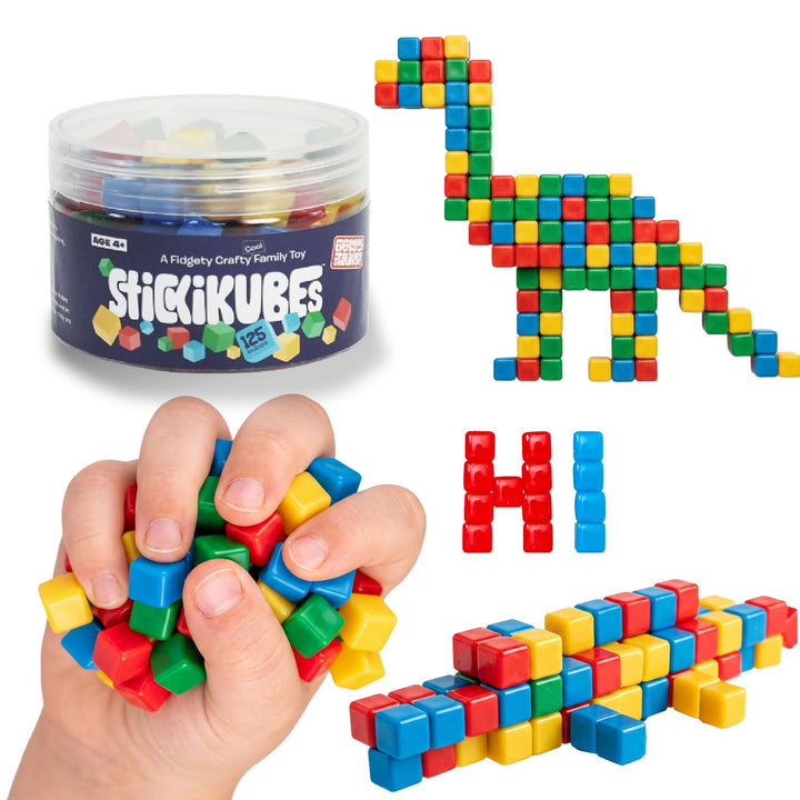 StickiKubes 125-Pack, 4 Colors, Mini Sticky Stacking Cubes, STEM Blocks | Plastic Tub for Easy Storage, Sticks to Any Surface, Non-Toxic, Ages 4+