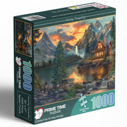 Prime Time Puzzles Adult Jigsaw Puzzle 1000 Piece Mountain Cabin | Features a serene lake cabin scene, finishing at 20x27 inches. Great for game nights on a table, puzzleboard, or floor.