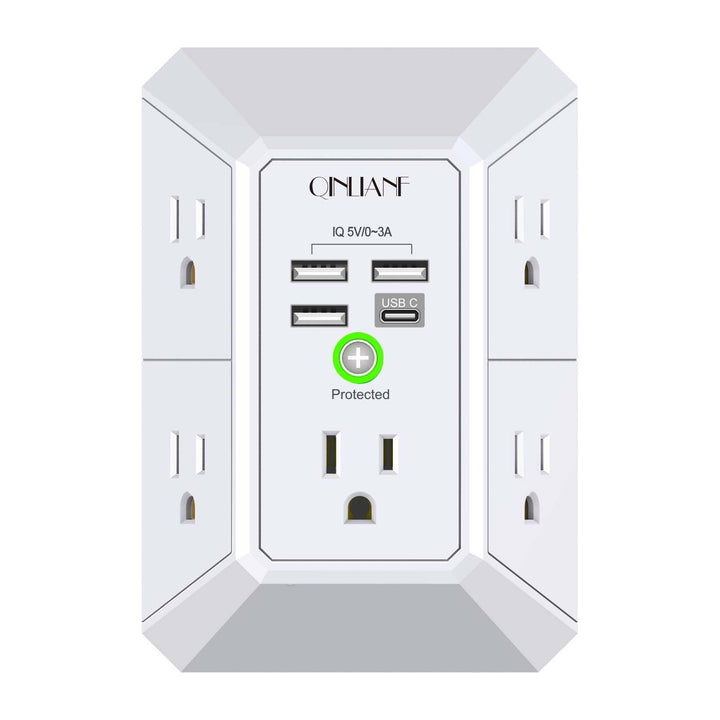 Wall Charger, Surge Protector, QINLIANF 5 Outlet Extender with 4 USB Ports | 1680 Joules, 3-Sided Power Strip, Multi Plug Wall Outlet Adapter Spaced for Home Travel Office, White