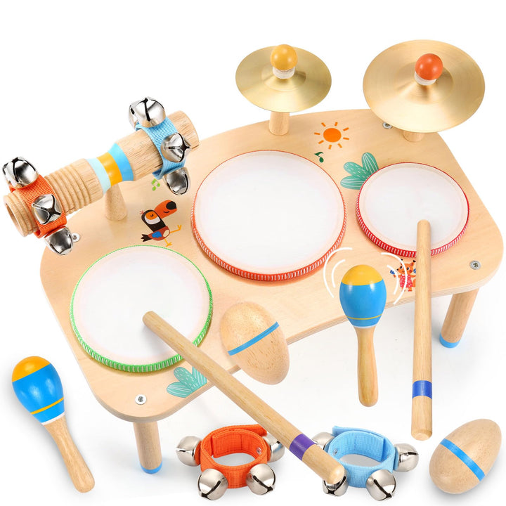 Wingyz Kids Drum Set, 11-in-1 Wooden Musical Instruments for Toddlers | Low-noise Montessori Music Toys with Drums, Cymbals, Maracas and Wrist Bells for Rhythm play,1st birthday gifts