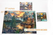Prime Time Puzzles Adult Jigsaw Puzzle 1000 Piece Mountain Cabin | Features a serene lake cabin scene, finishing at 20x27 inches. Great for game nights on a table, puzzleboard, or floor.