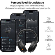 TOZO HT3 Hybrid Noise Cancelling Wireless Headphones, 90H Over Ear Headset | Hi Res Audio, AI Voice Assistant, Dual Device Connection, 32 Custom EQs, Built In 5 Mics, ANC, Foldable, Bluetooth 6.0 Black