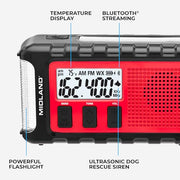 Midland - ER310PRO, Portable Emergency Bluetooth Weather AM/FM Radio | 10,000 mAh Power Bank - Multiple Power Sources, SOS Flashlight, Ultrasonic Rescue Dog Siren, & NOAA Weather (Red/Black)
