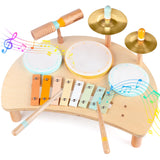 Kids Drum Set, Montessori Toys Wooden Musical Instruments for Baby Toddlers | Drum Kit with Cymbals & Xylophone, Sensory Toys for Music Learning, Fine Motor Skills, Preschool Birthday Gift for Boys Girls