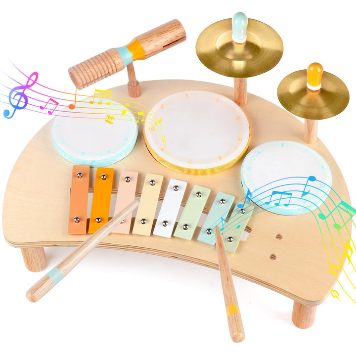 Kids Drum Set, Montessori Toys Wooden Musical Instruments for Baby Toddlers | Drum Kit with Cymbals & Xylophone, Sensory Toys for Music Learning, Fine Motor Skills, Preschool Birthday Gift for Boys Girls