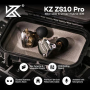 Linsoul KZ ZS10 Pro, 4BA+1DD 5 Driver in Ear Monitor, HiFi Wired Earbuds, Gaming Earbuds, Hybrid IEM Earphones with Stainless Steel Faceplate, Detachable Cable for Musician(Without Mic, Black)