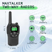 Walkie Talkies Long Range for Adults, Rechargeable FRS Two-Way Radio, 2Pack | NOAA weather alert. 1200mAh Li‑ion battery supports USB‑C charging. LED flashlight and VOX hands‑free function for Outdoors.
