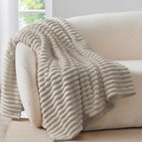BEDELITE Fluffy Fleece Blanket Cosy Soft Throw, 152x203 cm, Linen Beige | Striped Design, Decorative for Sofa Bed Couch, Warm Gifts for Women and Girls
