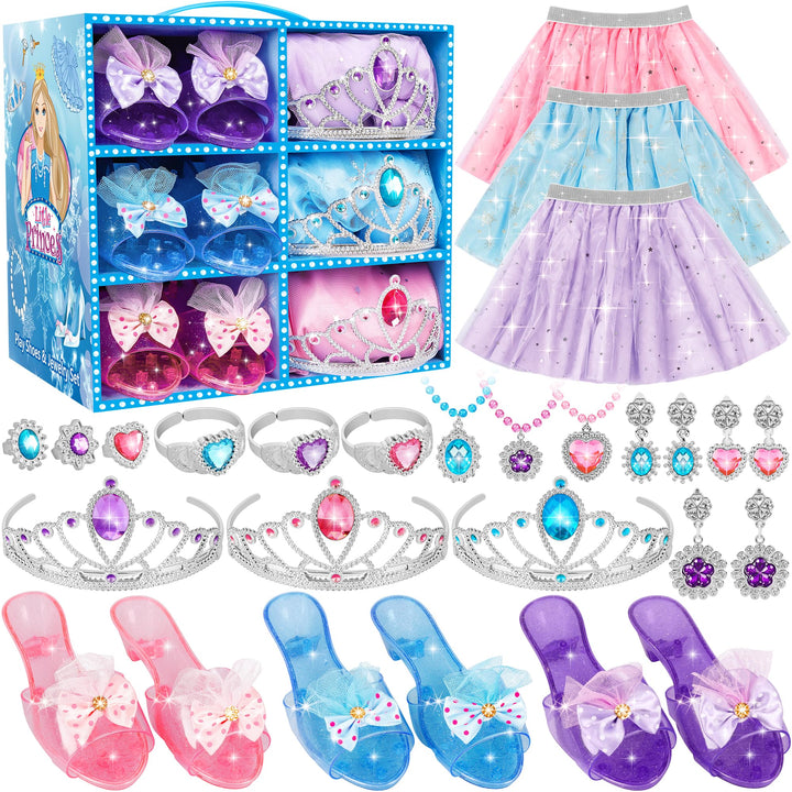 Princess Dress Up & Jewelry Set, Pretend Play Toy, B-day Gift for Girl 3+ | Costumes Set incl Color Skirts, Shoes, Crowns, Accessories, Girls Role Play Gift for Girl Toddler ​B-Day Party Favors