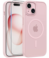 FNTCASE for iPhone 15/14/13 Case, Fit for Magsafe, Glass Screen Protector | Translucent Matte, Magnetic Phone Cases, 14FT Military Grade Drop Protection, Slim Shockproof Protective Cover, Light Pink