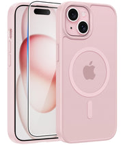 FNTCASE for iPhone 15/14/13 Case, Fit for Magsafe, Glass Screen Protector | Translucent Matte, Magnetic Phone Cases, 14FT Military Grade Drop Protection, Slim Shockproof Protective Cover, Light Pink