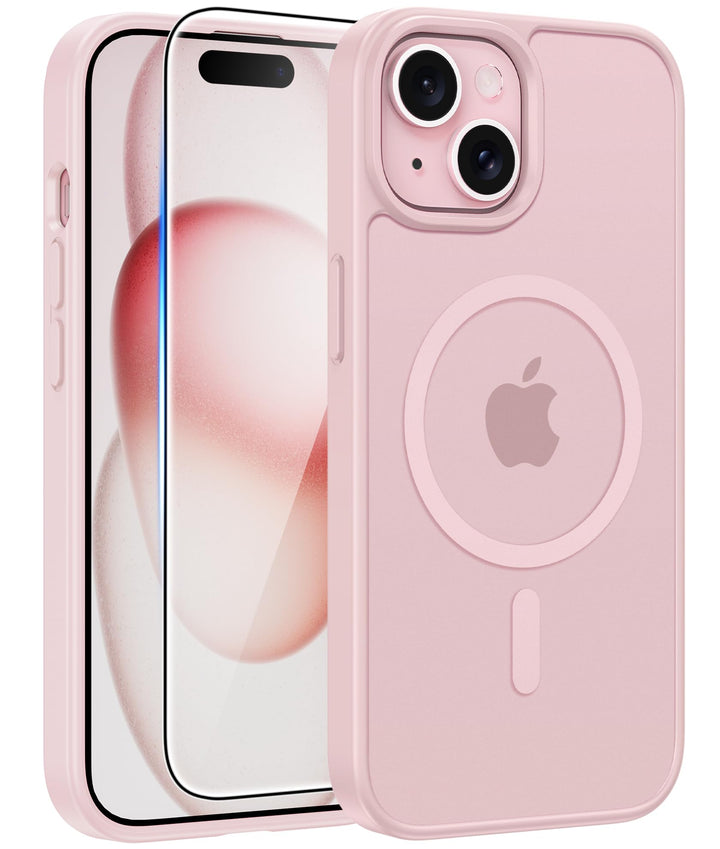 FNTCASE for iPhone 15/14/13 Case, Fit for Magsafe, Glass Screen Protector | Translucent Matte, Magnetic Phone Cases, 14FT Military Grade Drop Protection, Slim Shockproof Protective Cover, Light Pink