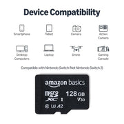 Amazon Basics microSDXC Memory Card with Full Size Adapter, A2, U3, Read Speed up to 100 MB/s, 128GB, Black