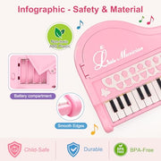 Love&Mini Piano Toys for Girls, 24-Key with Mic, Record & Playback, Ages 3+ | Kids Piano with 22 songs, 8 Percussion Sounds, LED lights, 4 Instrument Modes and Connect to MP3, Phone & Tablet
