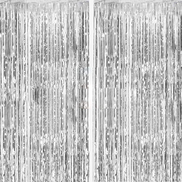 2 Pack Silver Foil Curtain Party Streamers Metallic Tinsel Foil Fringe Photo Booth Backdrop for Birthday Wedding Engagement Baby Shower Bachelorette Christmas Holiday Celebration Party Decorations