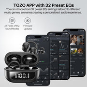 TOZO OpenEarRing Open Ear Earbuds 40H Bluetooth 5.4 Lightweight Comfort | Open Ear Clip On Wireless Earbuds with Smart Digital LED Display, Stable Connection, Secure Fit for Driving Workout Black