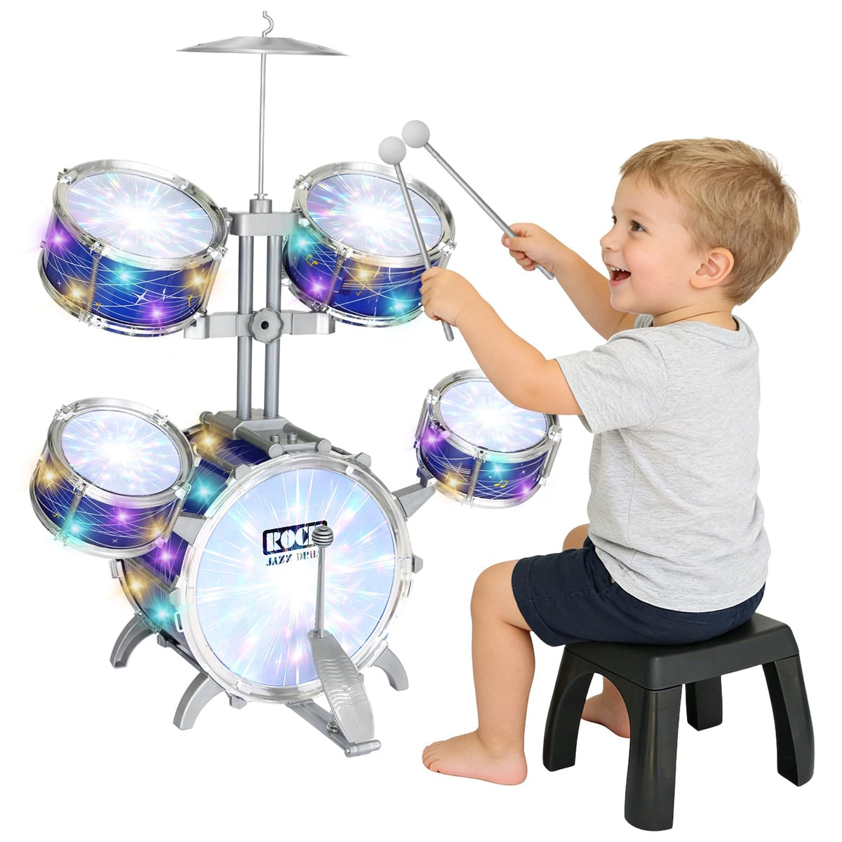 Kids Drum Set for Toddlers 1-3, 5-Piece Light Up Jazz Drum Kit with Stool | Upgraded Jazz Drum Set for Kids, Lights Musical Instrument, Beginner Kit, Birthday Christmas Gift for Boys Girls Ages 3-5 5-7