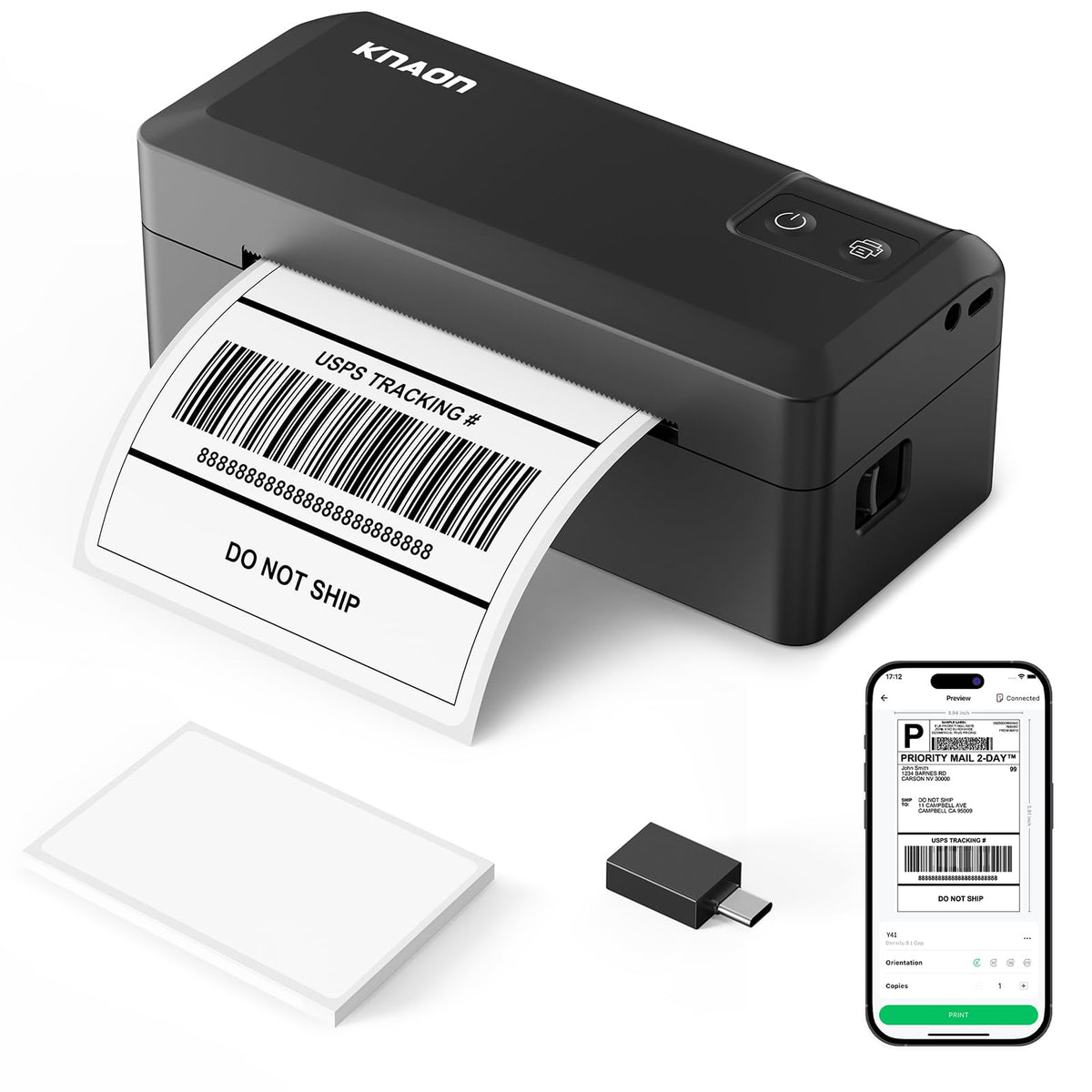 KNAON Shipping Thermal Label Printer, 4x6 Portable Label Printer, Black | Bluetooth Label Printer, Portable for Home Office & Small Business, Works with iPhone, Android, PC, Perfect for Etsy, USPS