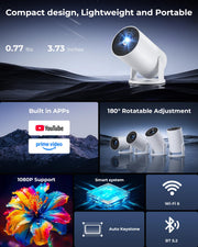 Mini Projector, Portable Projector with Wifi and Bluetooth, Built in Apps | Support 4K 1080P, 180° Rotation, Auto Keystone, Movie Projector Compatible With HDMI/USB/TV Stick/Smartphone/Laptop