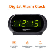 Amazon Basics Small Digital Oval Alarm Clock with LED Display, Nightlight, Snooze Function & Battery Backup, Black, 4.5 x 3.5 x 2.4 Inches
