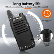 Retevis RT22 Compact & Lightweight FRS Walkie Talkies Long Range (4 Pack) | For Small Business, Camping, Hiking, Cruise, Safe Short Antenna, Comfortable to Carry, Loud & Clear Audio, USB-C