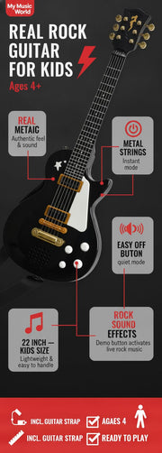 Simba Kids Electric Guitar 22 in. with Real Metal Strings, Black Rock Guitar for Kids Ages 4+