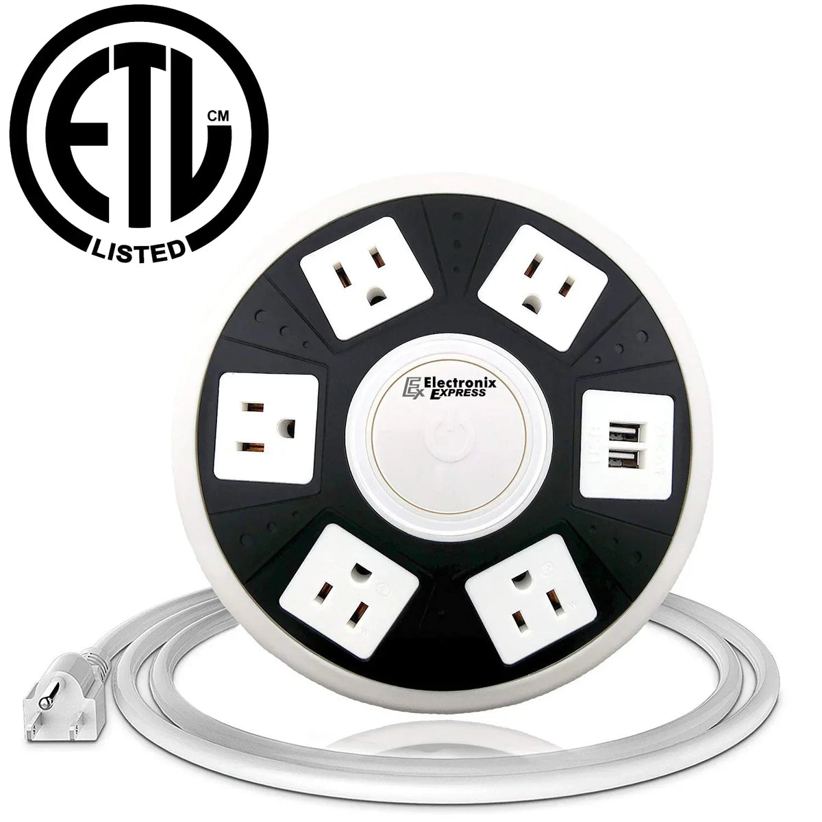 ETL Certified Round Power Strip - 5 Outlets with Surge Protection, 2 USB Charging Ports, and On/Off Button