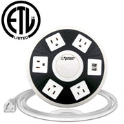 ETL Certified Round Power Strip - 5 Outlets with Surge Protection, 2 USB Charging Ports, and On/Off Button