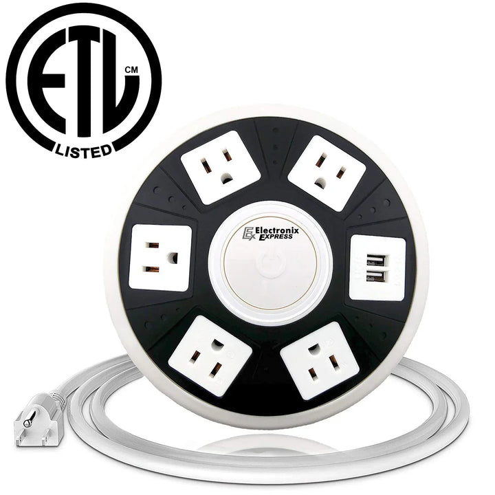 ETL Certified Round Power Strip - 5 Outlets with Surge Protection, 2 USB Charging Ports, and On/Off Button