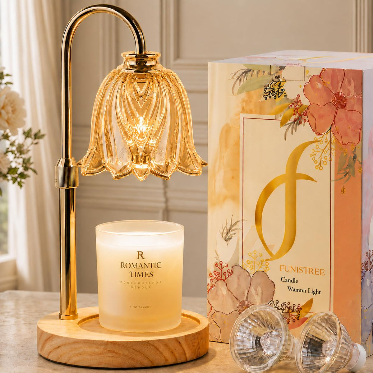 Flower Candle Warmer Lamp Height Adjustable, Birthday Gifts for Women Mum | Wax Melt Lamp with Timer & Dimmer with 2 Bulbs, Gift for Her, House Warming Presents, Modern Home Decor