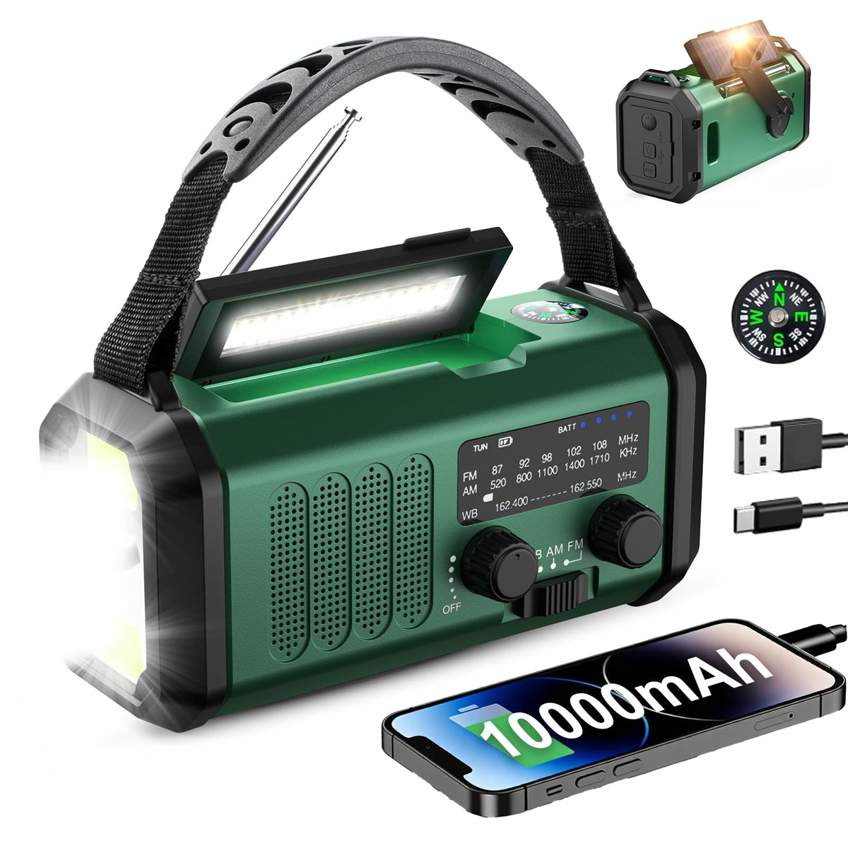 Leaton Hand Crank Emergency Radio, NOAA Weather Radio AM/FM,10000mAh | Solar charging, Rechargeable Battery Powered, USB-C Charger, Flashlight, SOS Alarm, for Camping Survival Emergencies