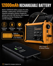 Emergency Radio with Hand Crank & Solar, NOAA Weather Band, AM/FM, 12000mAh | 8500mm² Solar Panel, Clear AM/FM Reception, 5W Flashlight & Reading Light, 120dB SOS, Phone Charging for Hurricanes & Outages