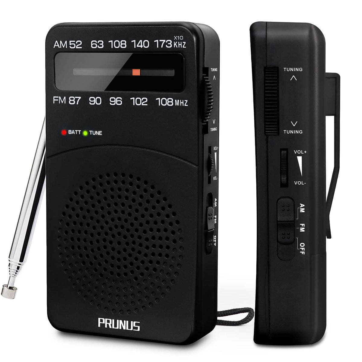 PRUNUS J-166 Portable Radio AM FM, Battery Operated Radio | Tuning Light, Back Clip, Layard, Excellent Reception, AM FM Radios Portable, Transistor Radios
